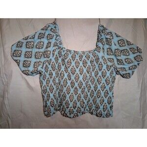 Maurices Womens Medallion Cotton Smocked Puff Sleeve Shirt Top Teal 2X NWT